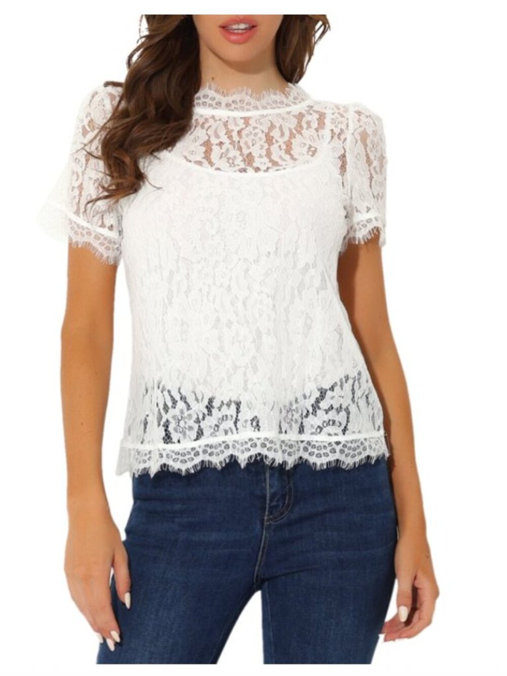 Sheer Floral Lace Top Scalloped Eyelash Trim White NWOT Medium